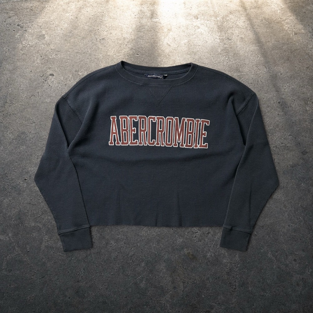 Abercrombie & Fitch Waffle Knit Cropped Spellout Thermal Top Navy Size Small